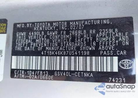 2007 Toyota Camry Le V6 from USA, damaged, VIN 4T1BK46K87U541198